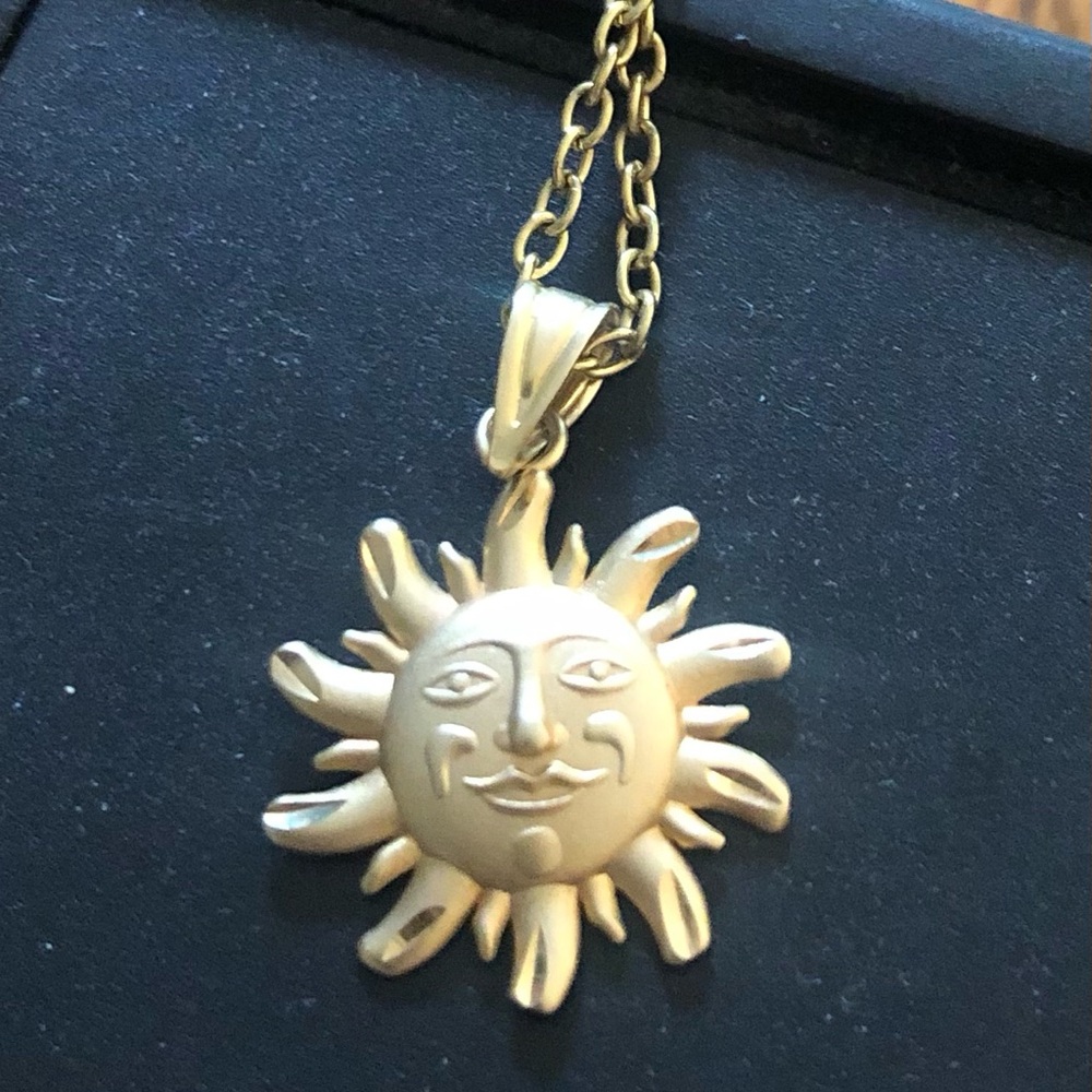 Solid 14 kt Yellow Gold Sunburst Sun Necklace Pendant